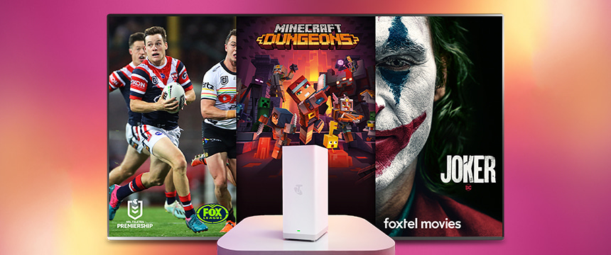 Telstra entertainment options include NRL on Kayo, Minecraft Dungeons on Xbox, and Joker on Foxtel, plus a Telstra Smart Modem for new internet customers.